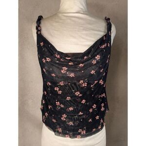 Free People Sz M AFRM Asher 2-Ply Mesh Cowl Top Black Pink Floral Sheer Draped T